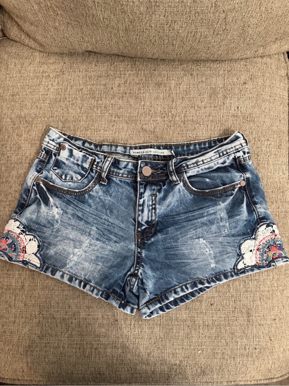 Romeo & Juliet Couture Faded Blue Embroidered Denim Shorts